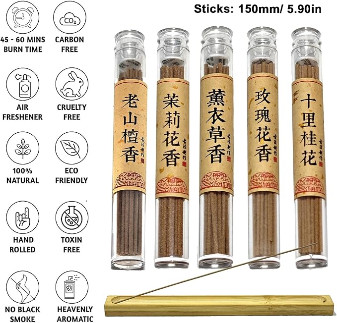Chinese Incense Sticks Gift Set - Pack of 5 (120) Natural Sandalwood, Lavender, Jasmine, Osmanthus, Rose Incense Stick Scent Gifts