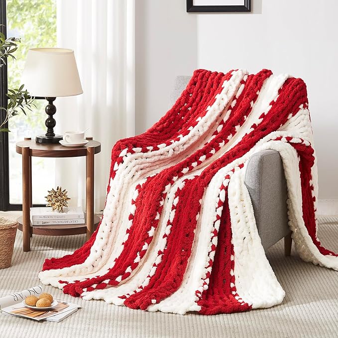 L'AGRATY Chunky Knit Blanket Throw: 72''x84'' Chenille Chunky Knitted Throw Blanket for Bed Couch - Handmade Thick Big Cable Knit Blanket - Large Chunky Crochet Blanket for Home Decor(Red White)