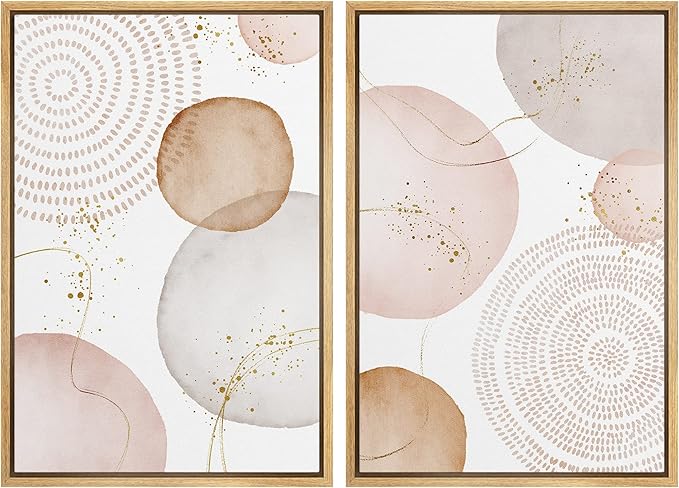 SIGNFORD Framed Wall Art Print Set Pastel Pink Gray Watercolor Circles Abstract Shapes Illustrations Modern Minimalist Relax/Calm Multicolor for Living Room, Bedroom, Office - 16"x24"x2 Natural