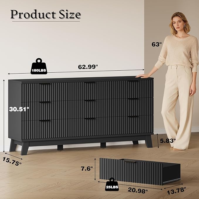 63" Long Dresser for Bedroom, 9-Drawer Fluted Dresser, Extra-Wide Wood Chest of Drawers with Smooth Metal Slides, Stable Base, Modern Clothes Storage Cabinet for Living Room, Hallway, Nursery