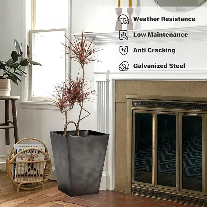 KOL 18''H. Bright Glazed Planter with Drainage Hole, Set of 2, Galvanized Steel Planter Pots for Indoor & Outdoor Use, Decorative Flower Plant Pots for Front Porch, Patio, Deck - Black