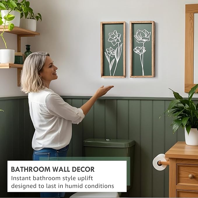 3D Floral Green Wall Art (Set of 2) Lightweight, Wooden Ready-to-Hang Boho Framed Wall Art for Bathroom, Bedroom, Living Room or Office – Premium Sage Green Farmhouse Decor – Gift-Boxed