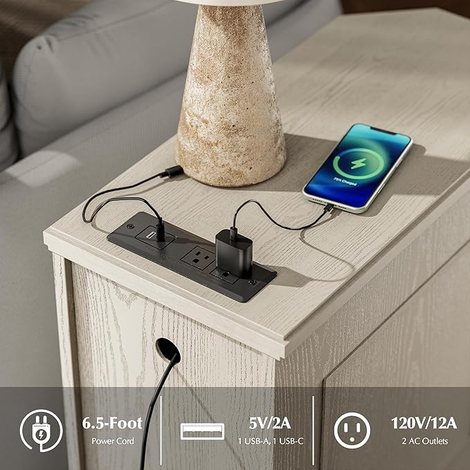 Nightstand Set of 2 with Charging Station, Vintage Wood End Table with 3 Drawer, Victoria Narrow Side Table, Slim Bedside Tables for Bedroom, Pre-Installation, Light Gray