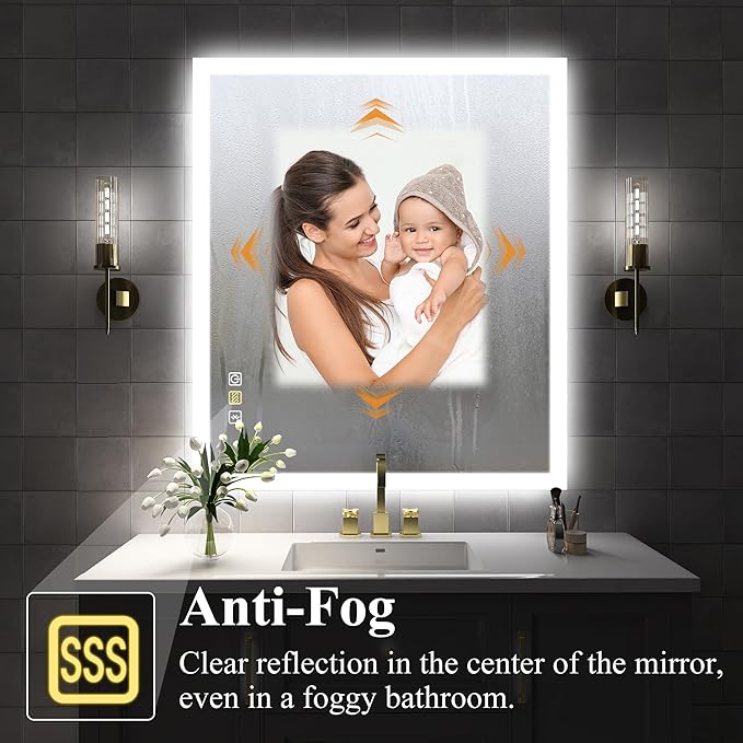 SBAGNO LED Bathroom Mirror with Lights, 32''x28'' 3D Border Bathroom Vanity Wall Mirror with Bluetooth, Anti-Fog, Stepless Dimming, 3 Colors, Tempered Glass Lighted Vanity Mirror for Bathroom