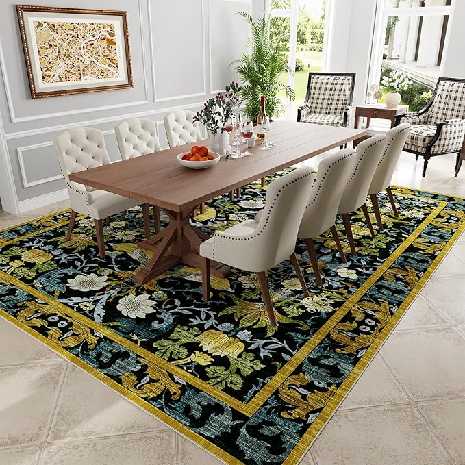 Topllen Washable Area Rug - Area Rug 8'x10' Boho Soft Living Room Rug, Non-Slip Large Area Rugs Indoor for Dining Room Livingroom Bedroom, Vintage Rug (Dark Green, 8x10ft)