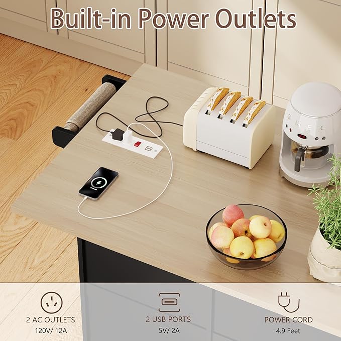 Kitchen Island with Drop Leaf & Power Outlet, Rolling Kitchen Island on Wheels with Trash Can Storage, Island Table Bar Cart with Spice Rack, Towel Rack, Drawers, Mobile Kitchen Carts on Wheels