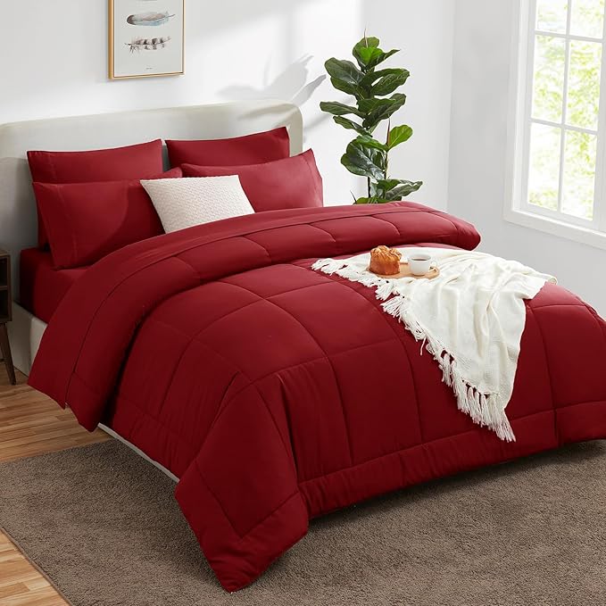 CozyLux Full Size Comforter Sets Dark Red, 7 Pieces Bed in a Bag, Red Comforter Full Size, All Season Bedding Sets with Stitch Quilted Comforter, Flat Sheet, Fitted Sheet, Pillowcases