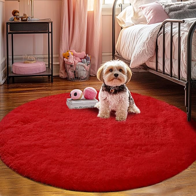 Round Fluffy Rug for Bedroom Red: 4ft Red Soft Furry Rug for Bedroom- Fluffy Fuzzy Round Area Rugs for Living Room- Small Bedside Plush Carpet for Nursery, Birthday Decor, Spiderman Carpet