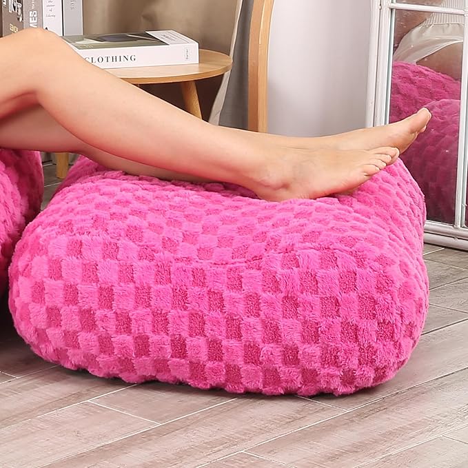 Pouf Ottoman, Comfy Poufs with Jacquard Shaggy Plush, High-Density Memory Foam Foot Stool for Living Room, Pink