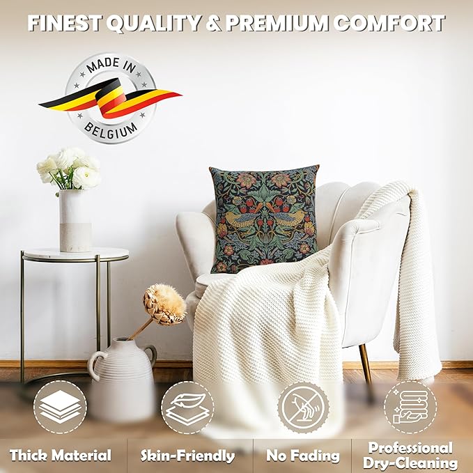 Charlotte Home Furnishings Throw Pillow Covers, Decorative Boho Pillow Covers for Couch, Living Room, Blue Strawberry Square Cushion Cases 18x18 in, European Cotton Jacquard Woven, Cozy Bedroom Decor