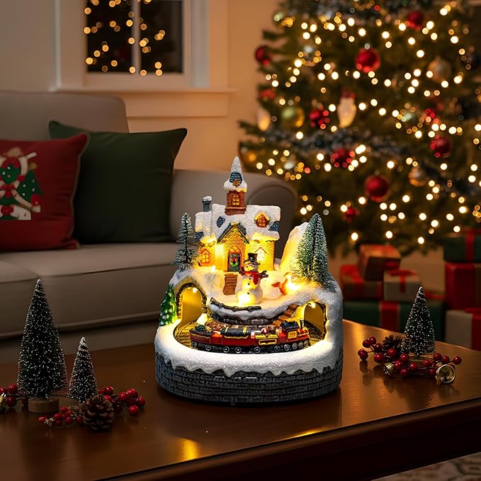 Animated Musical Christmas Village Figurines - Church Building and Snowman Statues with Rotating Train, LED Lights and Music - Battery & USB Powered Xmas Gifts and Festive Home Collection Decorations