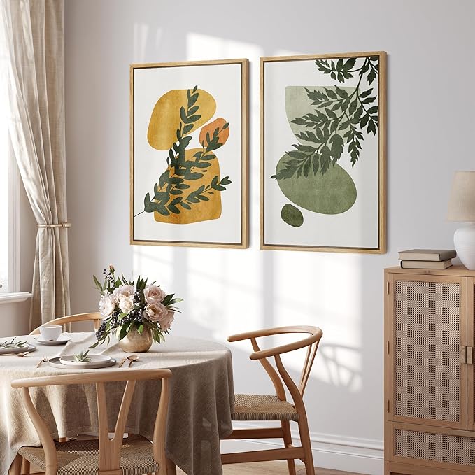 SIGNFORD Framed Canvas Print Wall Art Set Mid-Century Forest Fern Leaf Collage Abstract Shapes Illustration Modern Art Decorative Nordic Nature for Living Room, Bedroom, Office - 16"x24"x2 Natural