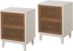 COZAYH Set of 2 Fully-Assembled 2-Drawer Woven Cane Front Accent Nightstand with Brass Knobs, Distressed White