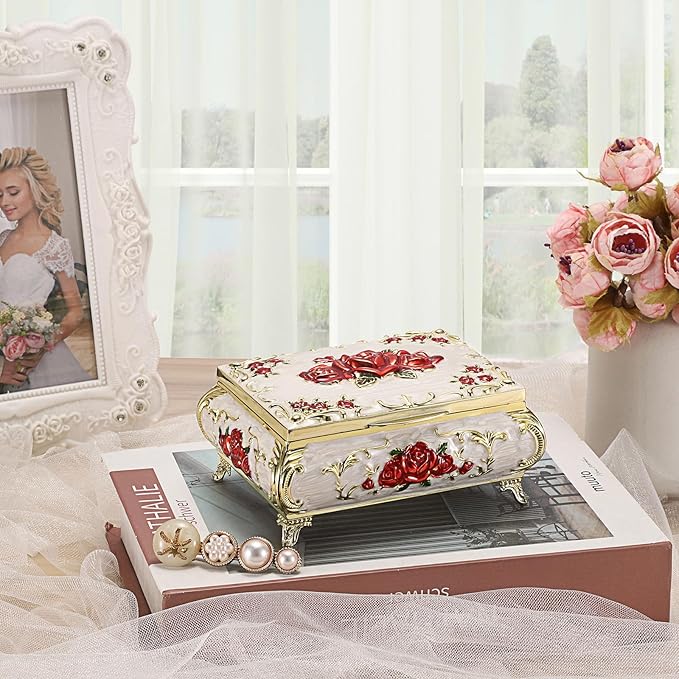 ELLDOO Vintage Music Box, Beige Metal Musical Jewelry Box Keepsake Box, Small Trinket Jewelry Storage Box Gift for Girl Women (Tune: You are My Sunshine), Red Rose Pattern