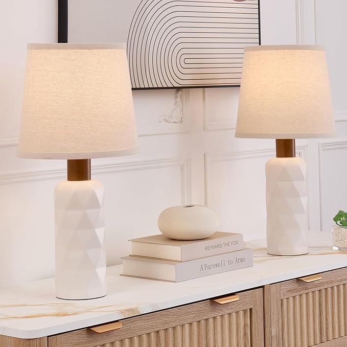 White Ceramic Table Lamp 3 Way Dimmable Bedside Pottery Lamp Set of 2 with Pallid Shade 20” Modern Nightstand Desk Lamp for Living Room Bedroom Farmhouse Dining Room(JC-11-2PK-WHS)