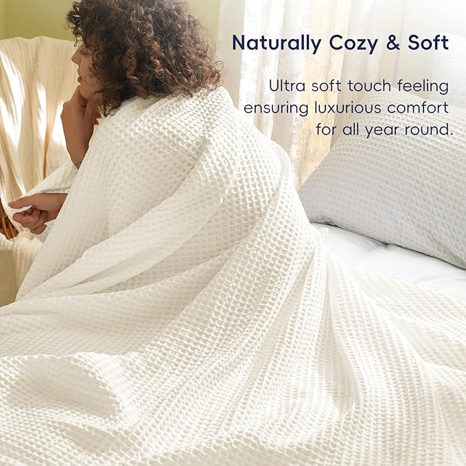 PHF Ultra Soft Waffle Weave Blanket Twin Size 66"x 90"- Washed Lightweight Breathable Cozy Woven Blanket for Bed - Aesthetic Decor for Couch Bedding Sofa Home Car - Coconut White