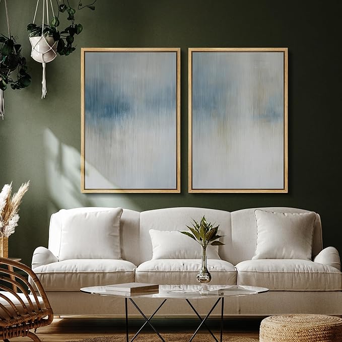 SIGNFORD Framed Canvas Print Wall Art Set Blue and Beige Abstract Modern Neutral Vertical Illustration Modern Art Decorative Nordic Nature for Living Room, Bedroom, Office - 16"x24"x2 Natural