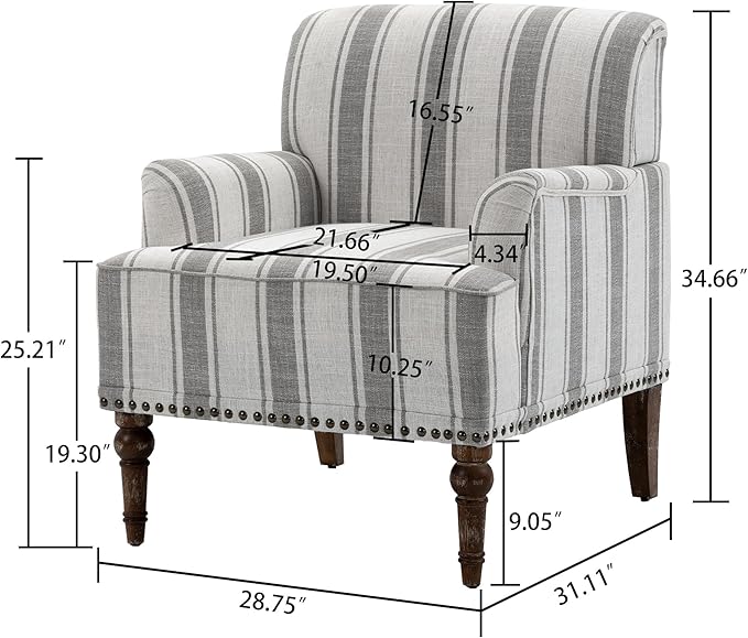 UIXE Stripe Accent Chair Arm Chair, Modern Nailhead Trim Club Armchair with Wood Legs, Comfy Living Room Single Sofa Reading Seat Bedroom Side Seating for Home Office, Gray