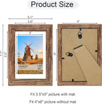 4x6 Picture Frame Set of 4, 4 x 6 Wood Photo Frames with Mat for 3.5x5, Natural Wooden Frame with Real Glass Cover for Wall and Tabletop Display,Rustic Brown