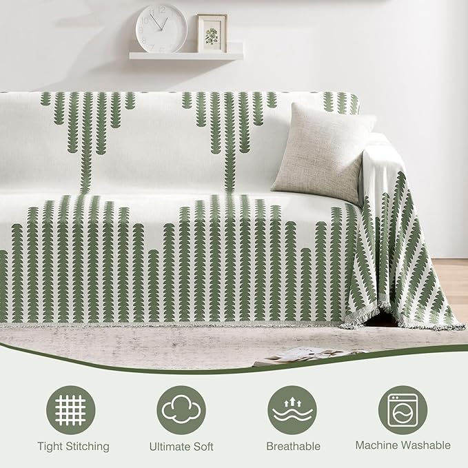 Couch Cover Boho for Dogs Washable Green Couch Covers for 2 Cushion Couch, Chenille Sectional Couch Covers L Shape Sofa Cover, Furniture Protector for Kids, Pets, Green 71" X150"