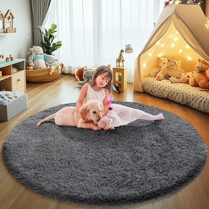 Fluffy Round Area Rugs for Bedroom,5'X5'Shag Circle Area Rugs for Living Room,Non Slip Fuzzy Plush Rug for Kids Room Boys Girls Room and Dorm,Deep Grey
