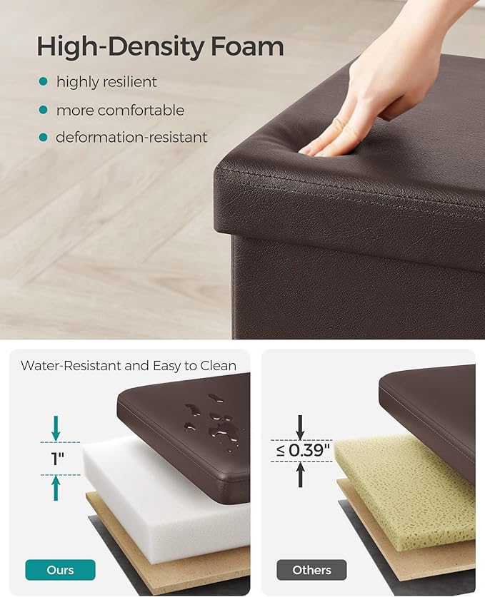 SONGMICS MAZIE Collection - 15 Inches Ottoman with Storage, Footstool, Storage Ottoman, Load 660 lb, for Dorm, Living Room, Bedroom, Synthetic Leather, Brown ULSF10B