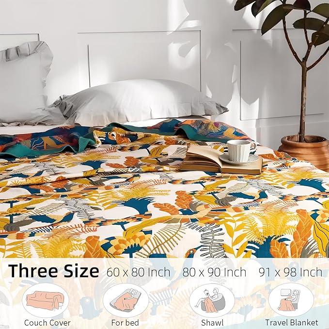 Boho Throw Blanket for Bed - 100% Pure Cotton Ultra Soft Rustic Quilt - Farmhouse Decor Bed Blankets, All Season Rustic Throw for Sofa Couch Chair(80''x 90'', Floral Bird)