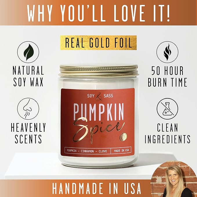 Pumpkin Spice Candle, Fall Candles - 'Pumpkin Spice' Pumpkin Candle I Infused w/Essential Oils I Autumn Scented Soy Candles for Home I Fall Home Décor I 9oz Reusable Jar, 50Hr Burn, Made in USA