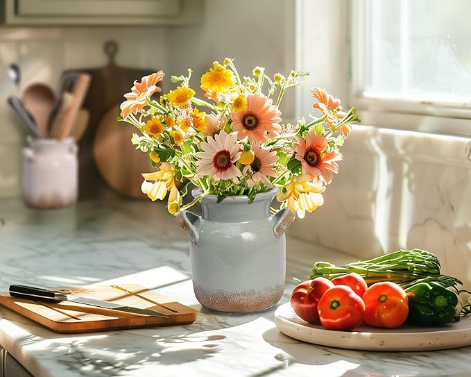 Quoowiit Ceramic Rustic Farmhouse Vase, Distressed Decorative Flower Vases for Home Decor, Ideal Shelf Decor, Green Boho Vase for Living Room Bedroom Kitchen Office Centerpiece Table Decorations