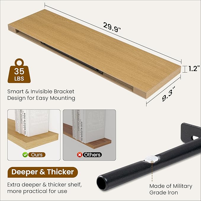 Fun Memories Floating Shelves for Wall, 30 Inch Rustic Wood Wall Mounted Shelves for Bathroom, Bedroom, Kitchen, Living Room, Deep Floating Shelves for Storage & Home Decor (Oak, Set of 2)