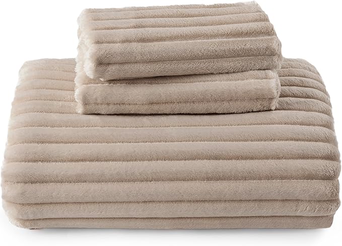 Bedsure Fluffy Duvet Cover Set - Ultra Soft Plush Shaggy Comforter Cover King Size, Warm Flannel Fleece Bed Sets for Winter, 3 Pieces (Striped Pattern, Khaki)