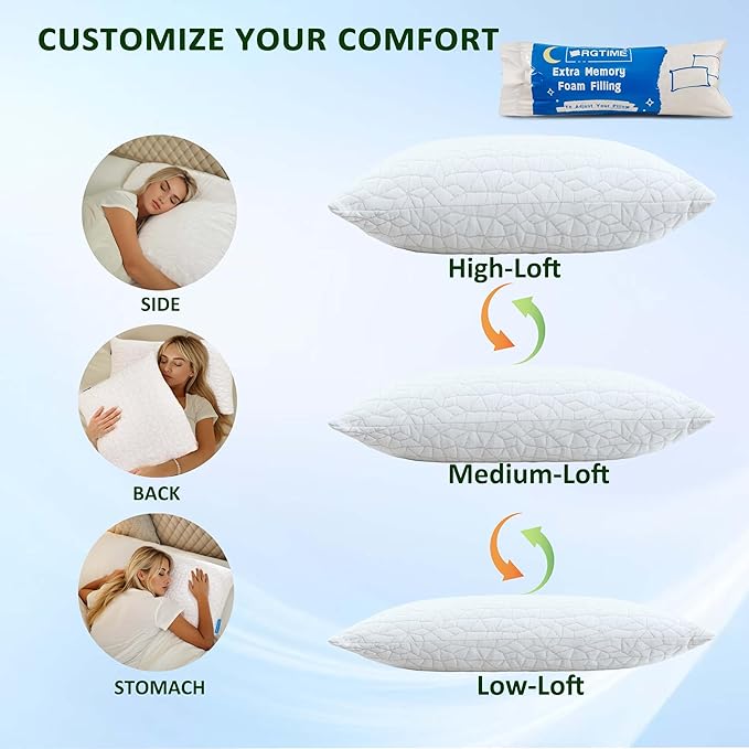 Cooling Pillows for Sleeping, Adjustable Shredded Memory Foam Pillow Standard Set of 1, Cool Pillow for Hot Sleepers, with Extra Fill for Side Back and Stomach Sleepers