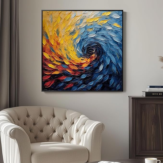 Large Framed Blue Modern Abstract Wall Art for Living Room, Minimalist Canvas Paintings Artwork for Walls, Blue Yellow Art Prints Pictures for Hallway Bedroom Office Wall Decor -30x30 Inch