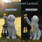 Solar Cat Garden Statue Outdoor Decor, Cat Sculpture with Lantern and Butterfly for Yard Lawn Patio Balcony, Birthday Housewarming Gifts for Mom, Grandma, Women, 9.4 inch, Resin