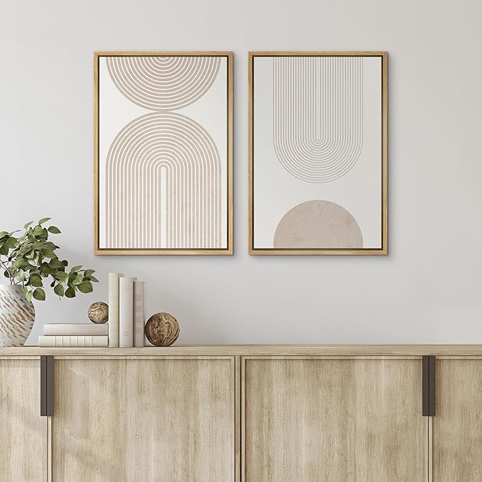 SIGNFORD Framed Canvas Print Wall Art Set Beige & White Duotone Geometric Spiral Polygons Abstract Shapes Illustrations Modern Art Decorative Minimalist Relax/Cozy for Bedroom - 24"x36"x2 Natural