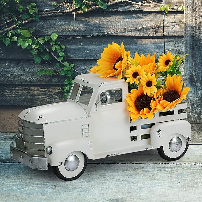 Metal Truck Decor,Farmhouse Truck Decor,Decorative Tabletop Storage & Pick-up Metal Truck Planter, 12.5" x 5.75" x 6.25" inches (White)