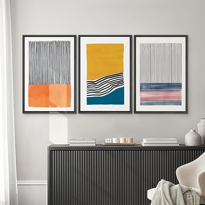 SIGNWIN Framed Wall Art Print Set Orange, Yellow, Blue & Pink Color Blocks and Lines Abstract Shapes Illustrations Modern Art Chic Multicolor for Living Room, Bedroom, Office - 24"x36"x3 Black