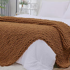 Bigacogo Chunky Knit Throw Blanket for Couch, 40x80 inches, 100% Hand Knitted with Thick Jumbo Chenille Yarn, Cozy Soft Large Rope Knot Cable Crochet Blankets for Sofa Bed Living Room, Caramel