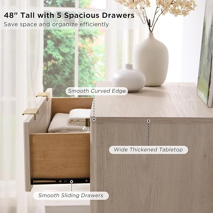 T4TREAM Fluted 5 Drawers Dresser, 48" Tall Modern Chest of Drawers, Curved Profile Design, Wood Drawer Organizer for Bedroom, Living Room, Hallway, Entryway, White Alder