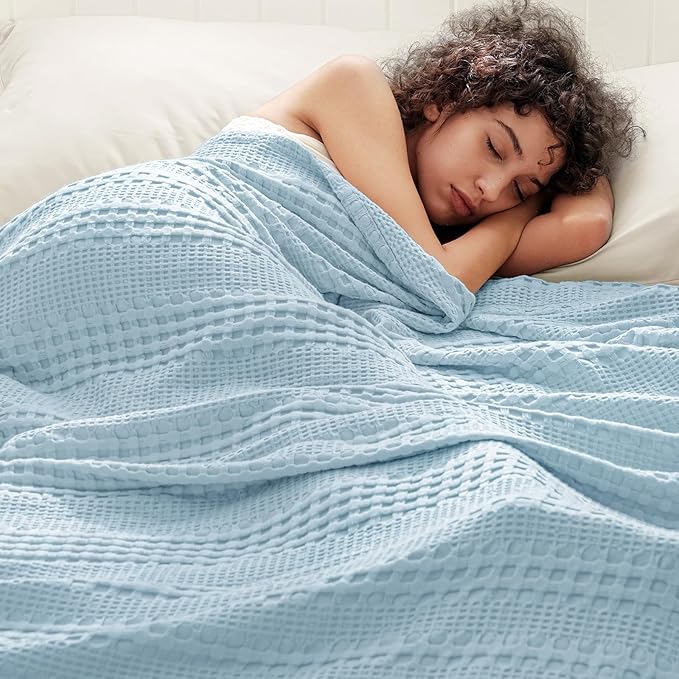 PHF Cooling Waffle Blanket Queen Size,Lightweight 60% Rayon Derived from Bamboo & 40% Cotton Breathable Blanket for Hot Sleepers, Soft and Luxury for Bed Couch and Sofa, 90"x90",Sky Blue
