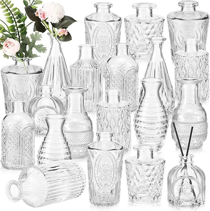 20 Pcs Glass Bud Vase Set Small Vintage Flower Vase in Bulk for Centerpieces Rustic Decorative Glass for Wedding Table Home Christmas Decoration (Clear)