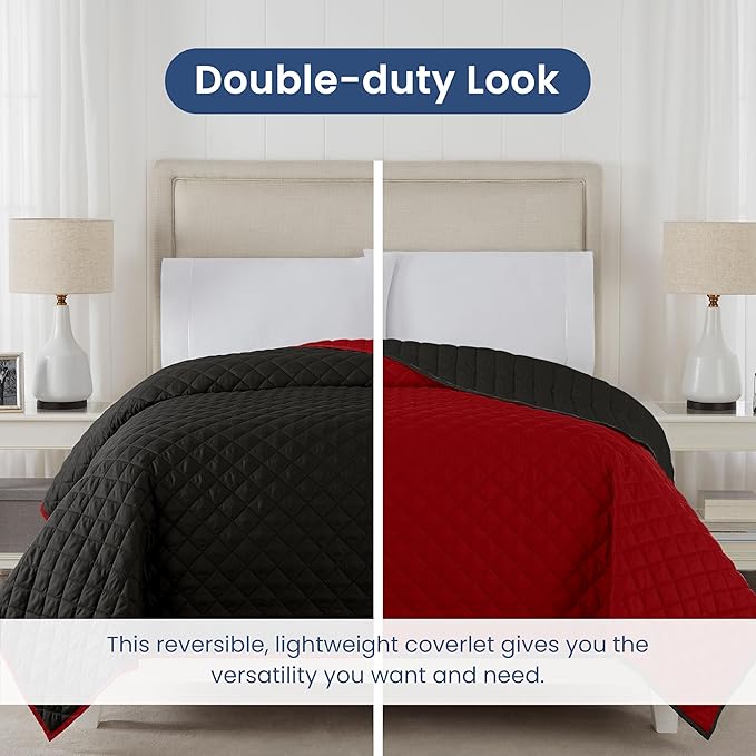 Martex Reversible Coverlet – King Bed Quilt – Lightweight King Size Bedding – Durable King Size Quilts for Bed – Soft - Easy Care Bedding – Ebony/Red