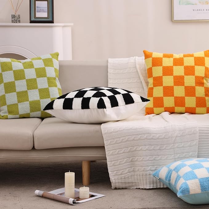 Alysheer Checkered Embroidered Decorative Throw Pillow Covers 18"x 18" Set of 2, Farmhouse Cottage Blue Green Designer Plaid Patterned Cotton Accent Cushion Case for Sofa Couch Bed Living Room