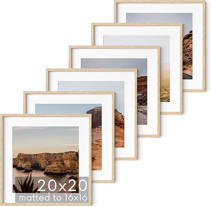 HAUS AND HUES Solid Oak Wood 20”x20” Picture Frames Matted to 16”x16” Set of 6-20x20 Wooden Gallery Frames for Art, Picture Frames 20x20, Photo Gallery Wall Frame Set, Bulk Frames (Beige Oak Frames)