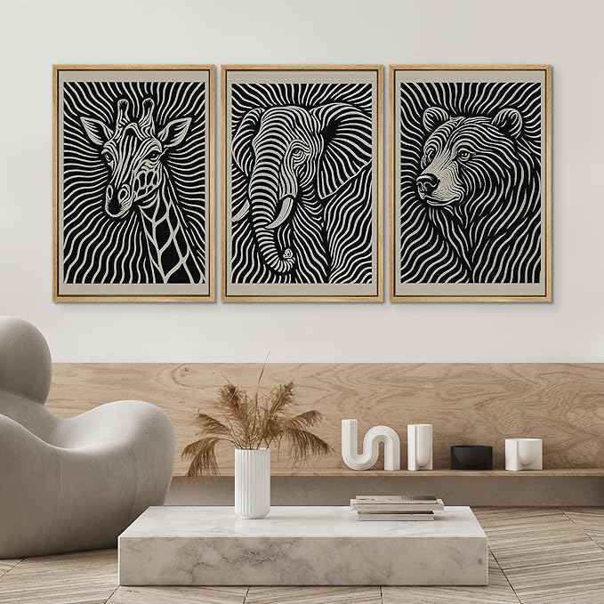SIGNWIN Framed Canvas Print Wall Art Wildlife Portrait Giraffe, Elephant, and Bear Photography Modern Art Minimalist Black and White for Living Room, Bedroom, Office - 16"x24"x3 Natural