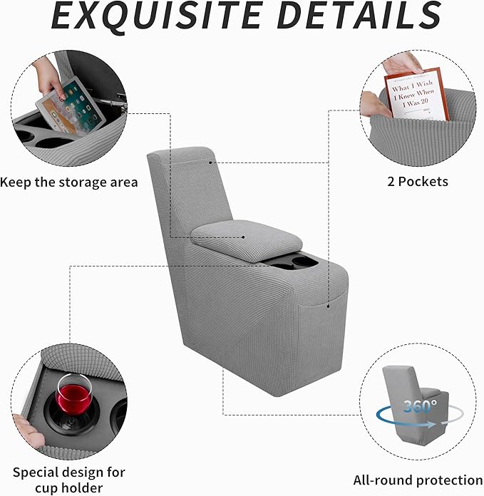 Easy-Going 2-Piece Recliner Console Cover for Reclining Loveseat Covers Stretch Jacquard Middle Console Cover for Recliner Couch and Sofa Light Gray