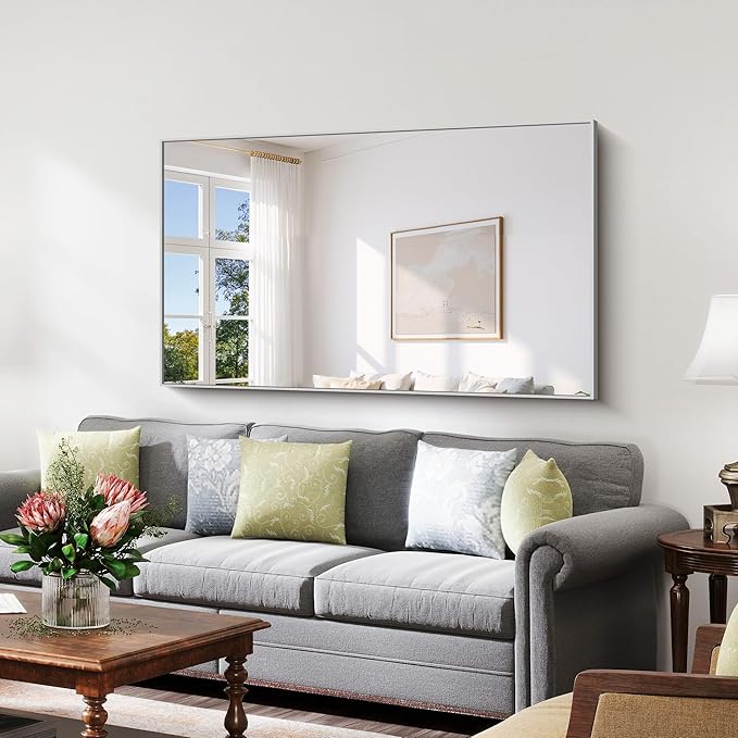 YIROMAN Bathroom Mirror 60"x36", Large Brushed Silver Bathroom Mirror for Over Sink with Aluminum Frame, Rectangular Vanity Mirror with Right Angle, Wall Mirror Hangs Horizontal or Vertical