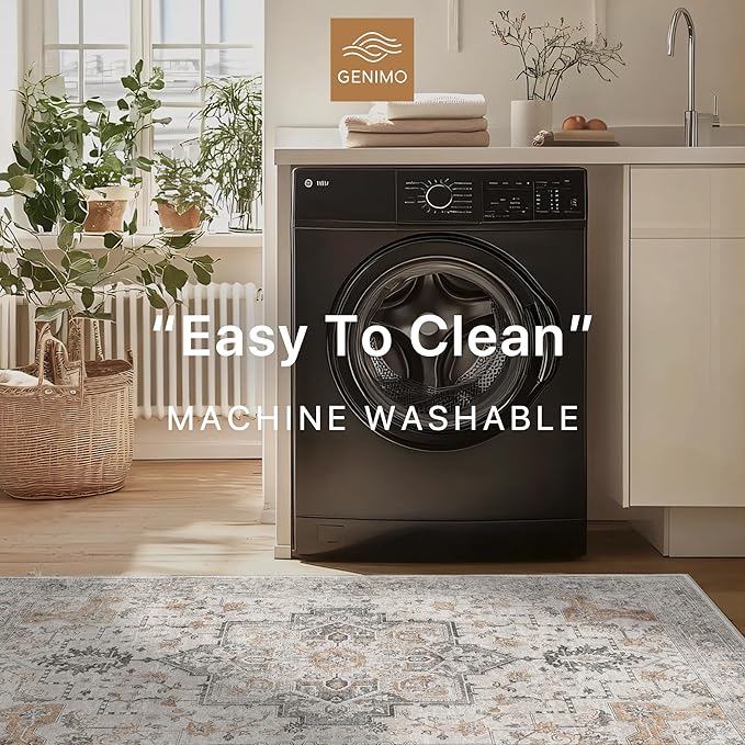 GENIMO 5FT Round Area Rugs for Living Room, Circle Rugs Machine Washable Low Pile, Chenille Non Slip Vintage Rug for Bedroom, Dining Room, Home Office, Light Taupe Brown