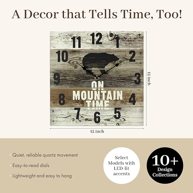Young's Inc Wooden Mountain Time Wall Clock with Bear - 12" W x 12" H - Farmhouse Living Room Decor - Rustic Wall Clock