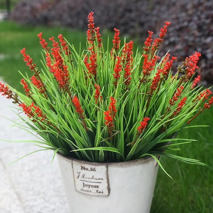 alyptus Artificial Flowers Outdoor 12 Bundles Fake Plants Outside Red Flower Grass Faux Greenery Spring Summer Wildflower Decoration for Outdoors Yard Front Porch Planter Decor (Red Flowers)